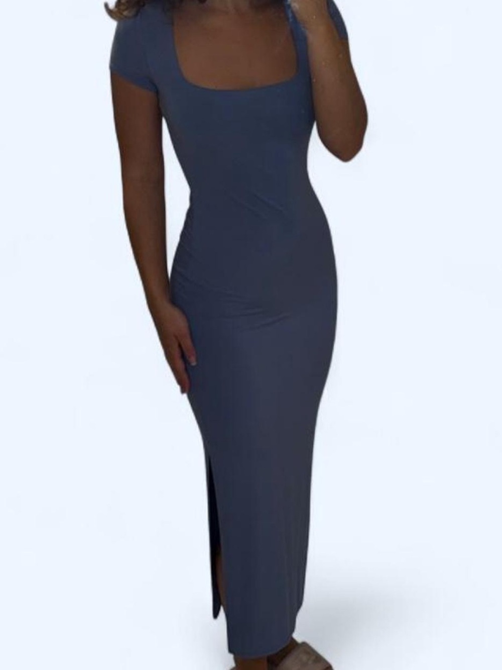 See You Monday Slate Blue Scoop Neck Short Sleeve Maxi Dress